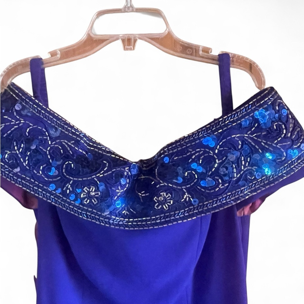 A.J. Bari Royal Blue One-Shoulder Evening Dress with Embellished Collar